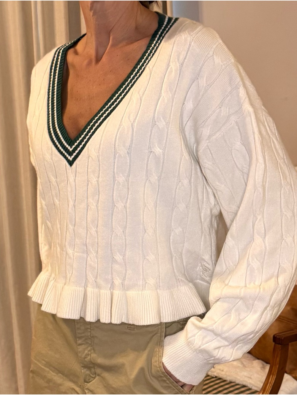 Altar'd State Cream Cable-Knit V-Neck Sweater with Green Trim